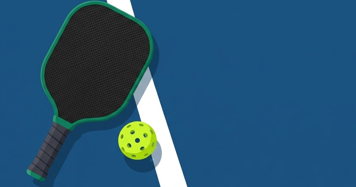 Illustration of a pickleball paddle and ball resting on a blue court line