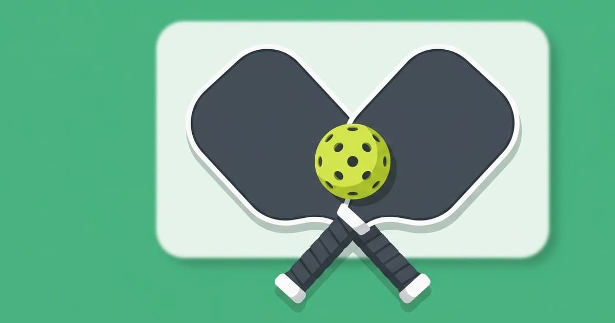 Illustration of two crossed pickleball paddles and a ball in front of a blank scoreboard card